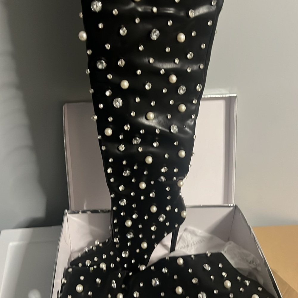 Black pearl/rhinestone thigh high boots